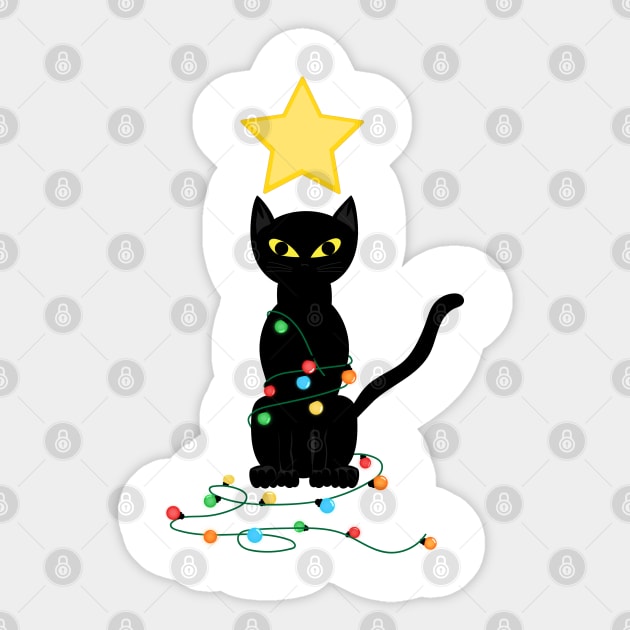 Black Santa Cat Tangled Up In Lights Christmas Santa Illustration Sticker by JOB_ART